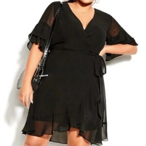 NWT City Chic Dress Flutter Frill Black Wrap Chiffon Plus Size 18W M LBD whimsi